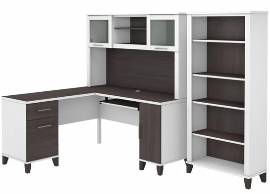 L shaped computer desk with 5 shelf bookcase 60W highlight storm gray white