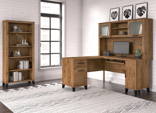 L shaped computer desk with 5 shelf bookcase 60W space view fresh walnut