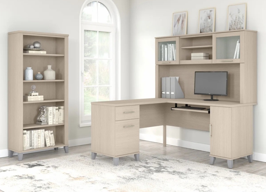 L shaped computer desk with 5 shelf bookcase 60W space view sand oak