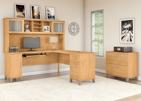 L shaped computer desk with traditional file cabinet 72 w space view maple cross 2