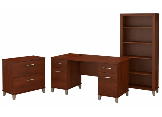 Office desk with 2 file drawers and 5 shelf bookcase highlight hansen cherry