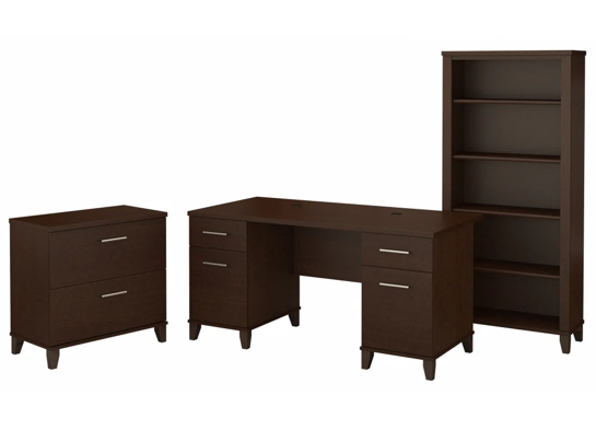Office desk with 2 file drawers and 5 shelf bookcase highlight mocha cherry