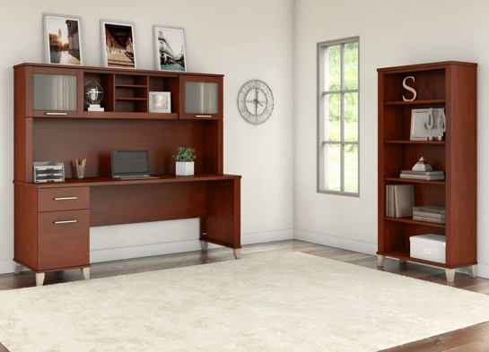 Office desk with hutch and 5 shelf bookcase space view hansen cherry 1