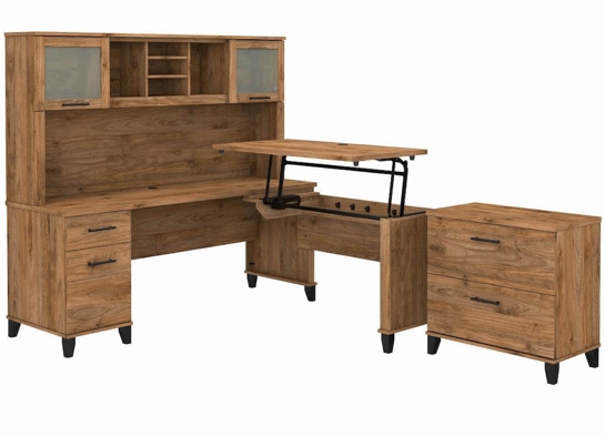 Sit and stand desk sit and stand corner desk standing desk with storage fresh walnut angle view