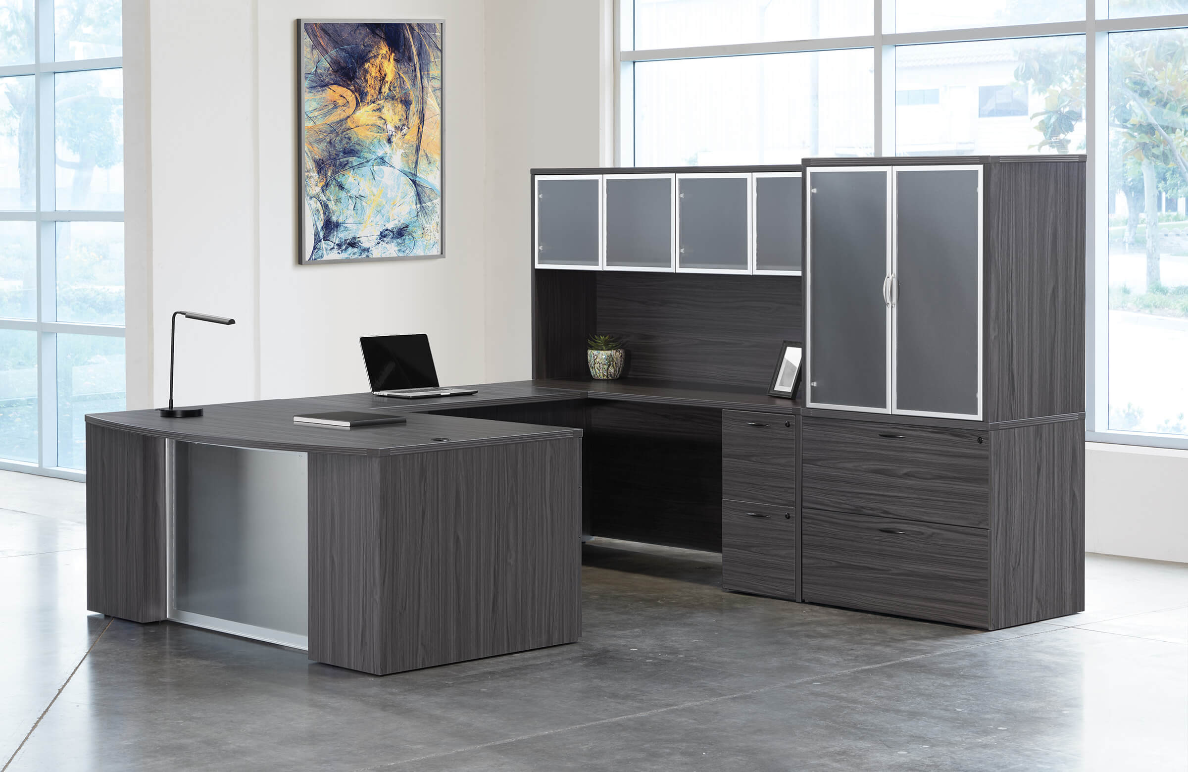 U shaped desk u shaped desk with hutch modern u shaped executive desk slate grey space view 1