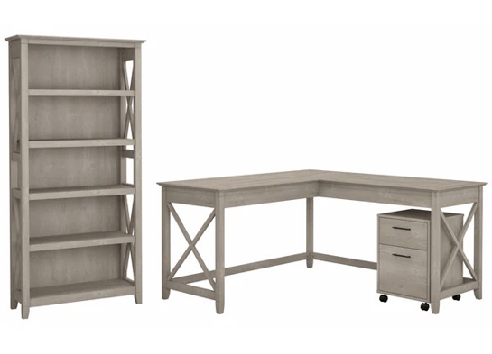 Western l shaped desk with 5 shelf wooden bookcase highlight washed gray Western l shaped desk with 5 shelf wooden bookcase highlight washed gray