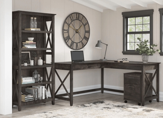 Western l shaped desk with 5 shelf wooden bookcase space view dark gray hickory Western l shaped desk with 5 shelf wooden bookcase space view dark gray hickory