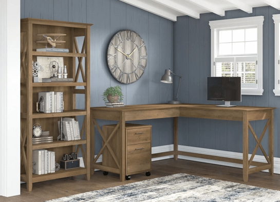 Western l shaped desk with 5 shelf wooden bookcase space view reclaimed pine Western l shaped desk with 5 shelf wooden bookcase space view reclaimed pine